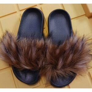 NEW Women's Ultra Fluff Brown‎ Fur Slides Sandals 7/8